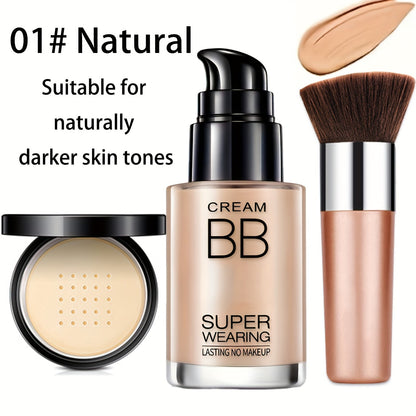 BB Cream Makeup Kit with Powder, Brush and Sponge in Three Exact Numbered Shade Options for Face Makeup
