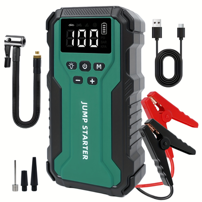 10000A Car Jump Starter with 12V Clamps, LED Light and Optional Integrated Air Pump in Red, Green or Gray