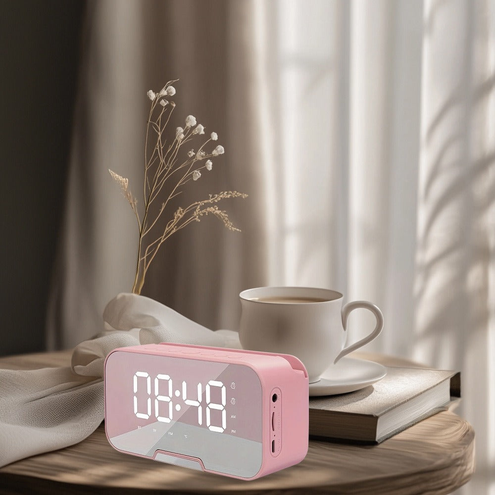 Pink Mirror Bluetooth Speaker with Wireless Microphone – LED LCD Display, FM Radio, TF Card, USB Charging, Alarm Clock, Adjustable Volume & Brightness, Birthday & Easter Gift for Girls