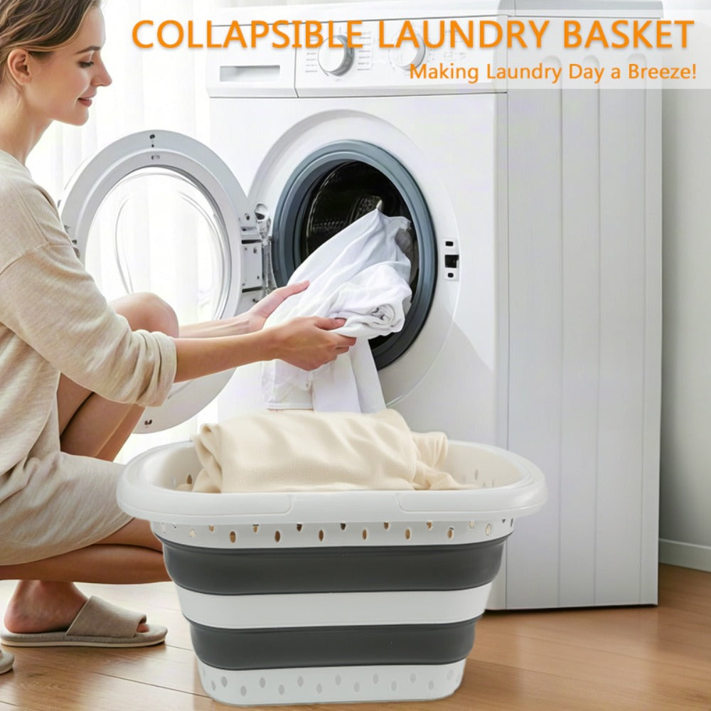 16-Gallon Collapsible Plastic Laundry Basket in Gray and White with Folding Walls and Carry Handles