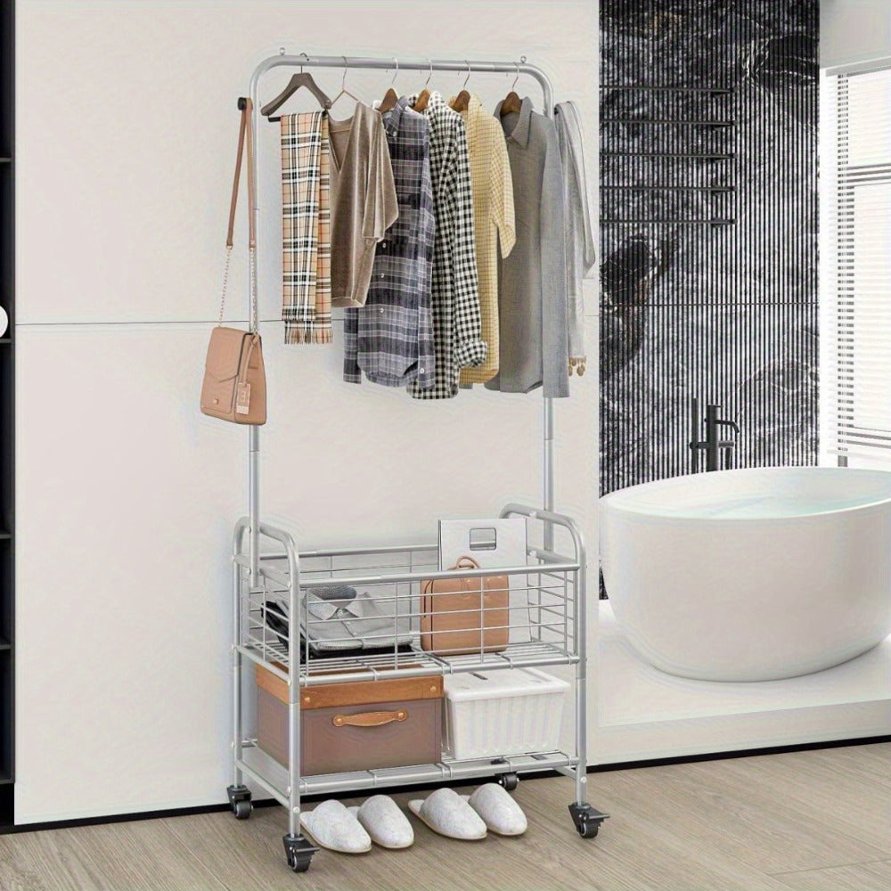 Rolling Laundry Basket Cart with 70.25-Inch Hanging Rail, Two Shelves, Four Casters and White, Black or Silver Frames