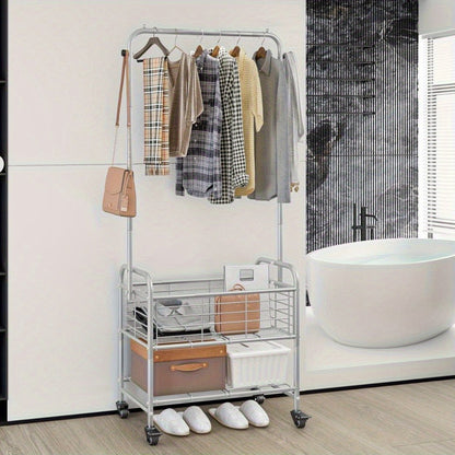 Rolling Laundry Basket Cart with 70.25-Inch Hanging Rail, Two Shelves, Four Casters and White, Black or Silver Frames