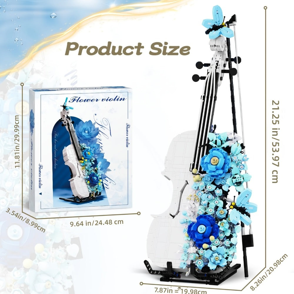 1419-Piece Flower Violin Building Block Model with Brick-Built Stand, Blue Blooms and Panel Detail