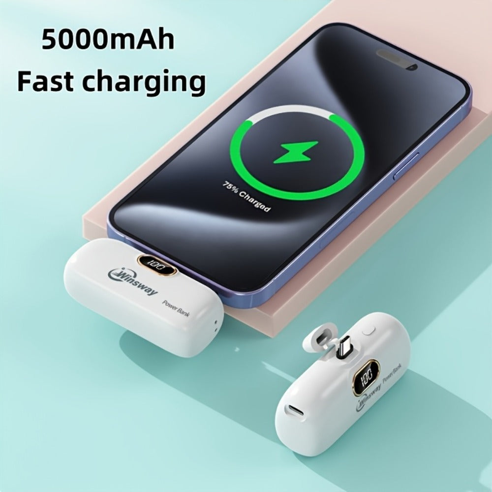 Winsway 5000mAh Mini Portable Charger Type-C Metal Plug with LED LCD Display – Fast Charging Pocket Battery Pack for iPhone 17 16 15 Pro Max iPad Pro Android Samsung, Compact Travel Gift