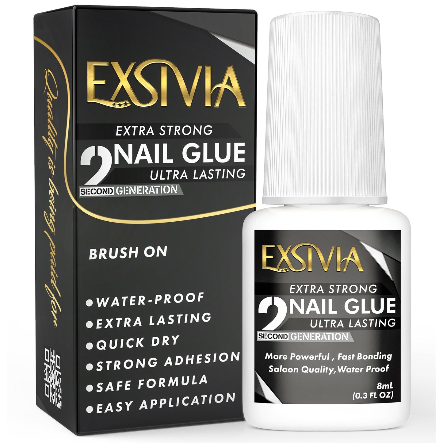 Nail Glue, EXSIVIA 10ml Brush-On Bottle with Fine Applicator for Press-On Nails, Acrylic Tips and Nail Art