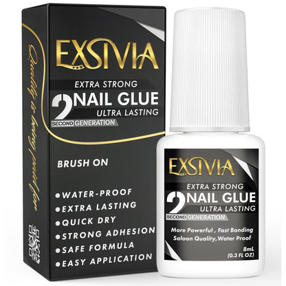 Nail Glue, EXSIVIA 10ml Brush-On Bottle with Fine Applicator for Press-On Nails, Acrylic Tips and Nail Art