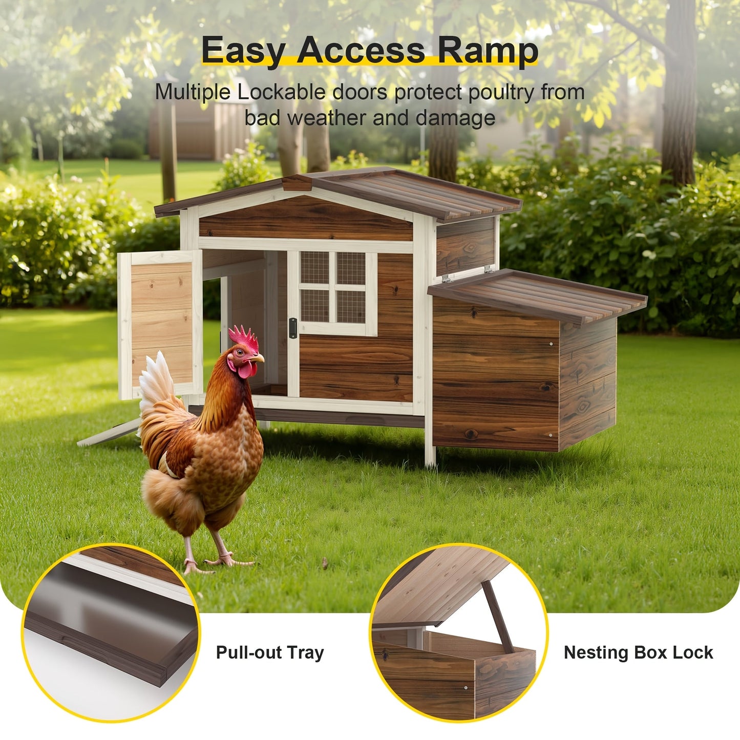Hen House Outdoor Wooden Chicken Coop with Nesting Box Ramp Removable Tray Elevated Design Fir Wood Asphalt Roof 3 Colors Lockable Doors for Backyard Poultry