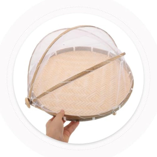 Hand Woven Fruit Basket with Lid – Bamboo Food Storage Basket for Kitchen Countertop, Bread, Vegetables, Picnic Organizer with Mesh Cover
