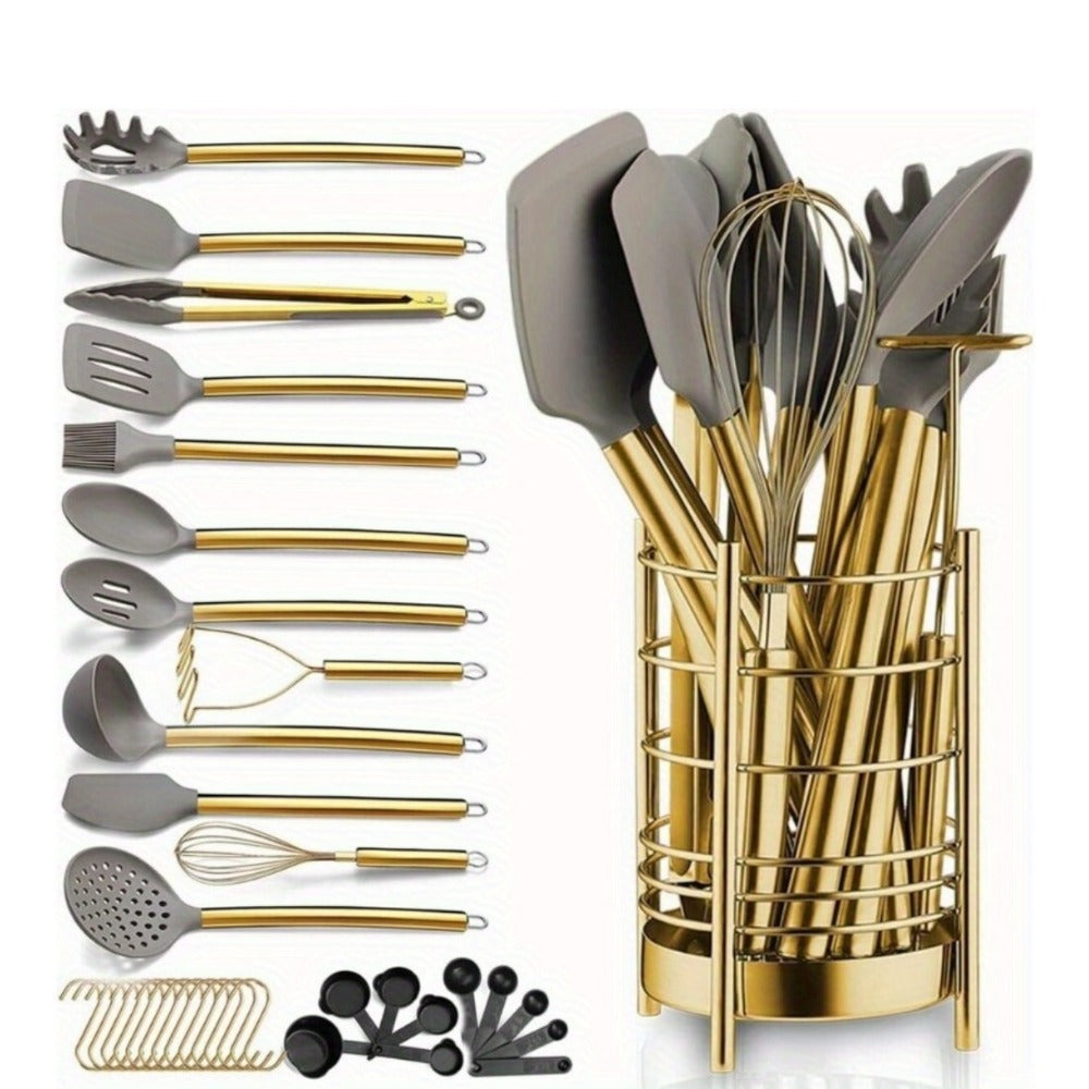 38-Piece Gold-Tone Silicone and Steel Kitchen Utensil Set with Holder, Measuring Tools and Accessories