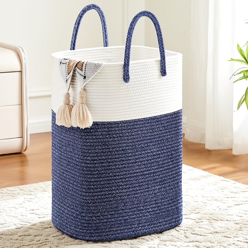 Woven Cotton Rope Laundry Basket with Twin Handles, 40L to 100L Sizes and Five Two-Tone Color Options