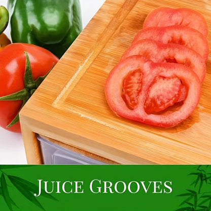 Bamboo Cutting Board with Food Container, Cheese Grater & Juice Groove - Large Wooden Chopping Board Set with Storage Box, Drain Tank for Vegetables Meat Cheese, Kitchen Prep Board with Hand Grip