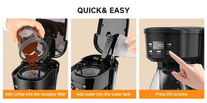Five-Cup Programmable Drip Coffee Maker with Glass Carafe, Reusable Filter and Black or White Finish