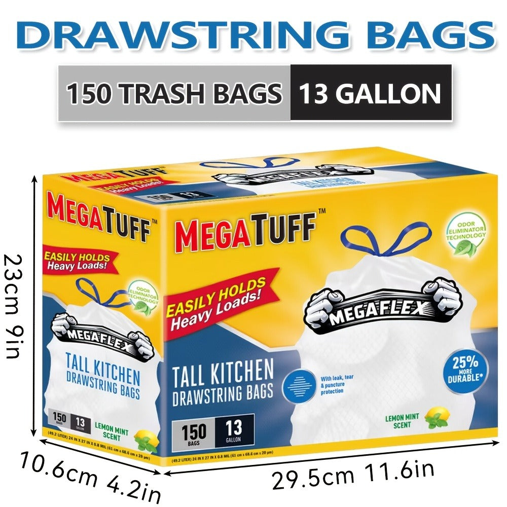 Drawstring Trash Bags with Odor Eliminator Technology – Lemon Mint Scent, Puncture & Tear Resistant, 30 Gal (90 Bags) or 13 Gal (154 Bags) Kitchen Garbage Bags