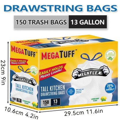 Drawstring Trash Bags with Odor Eliminator Technology – Lemon Mint Scent, Puncture & Tear Resistant, 30 Gal (90 Bags) or 13 Gal (154 Bags) Kitchen Garbage Bags
