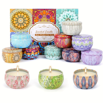 12-Piece Assorted Scented Tin Candle Gift Set with Pictured 2.2 oz Size and Decorative Patterns