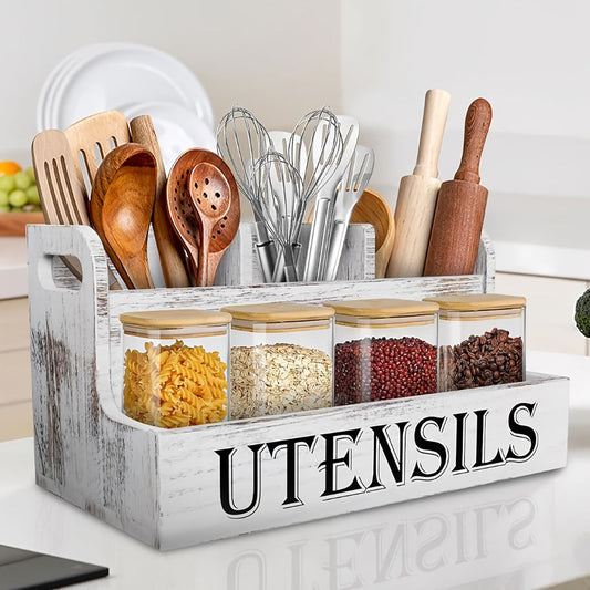 Utensil Holder Kitchen Organizer with Four Wood Compartments, Countertop Shelf and White or Black Finish