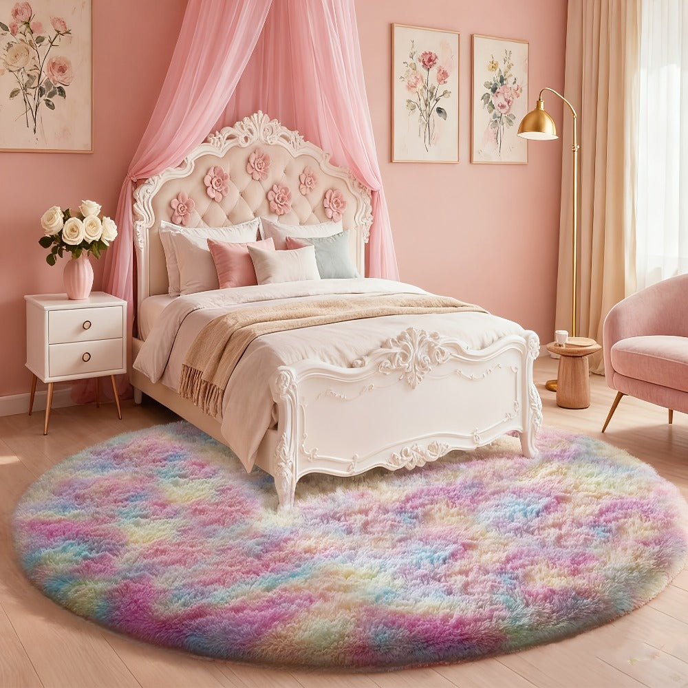 Round Shaggy Area Rug in Seven Solid or Tie-Dye Colors with 4 x 4-Foot to 8 x 8-Foot Sizes
