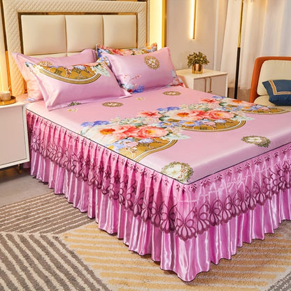 Ruffled Floral Bedspread Mat Set with Two Pillowcases, Twin to King Sizes and Four Pattern Choices