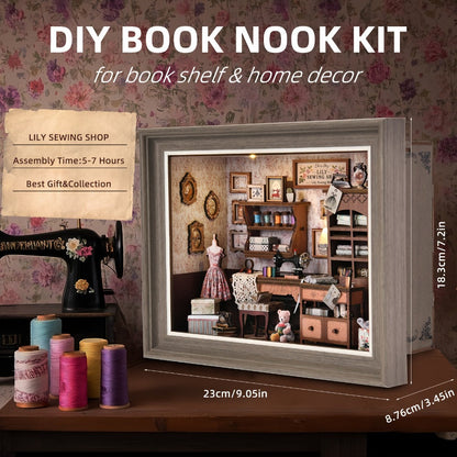 Seam House Book Nook Kit with Framed Sewing-Room Scene and Standard, Fireplace or Dwarf Style Options