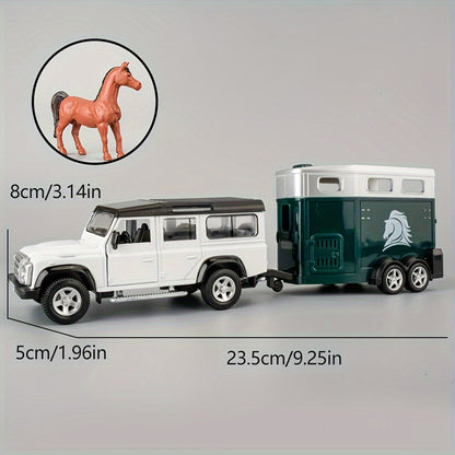 RMZCity 1:36 Scale Zinc Alloy Pull Back Car with Horse Trailer & Horse Vehicle, Openable Doors Diecast Toy Set for Kids & Adults
