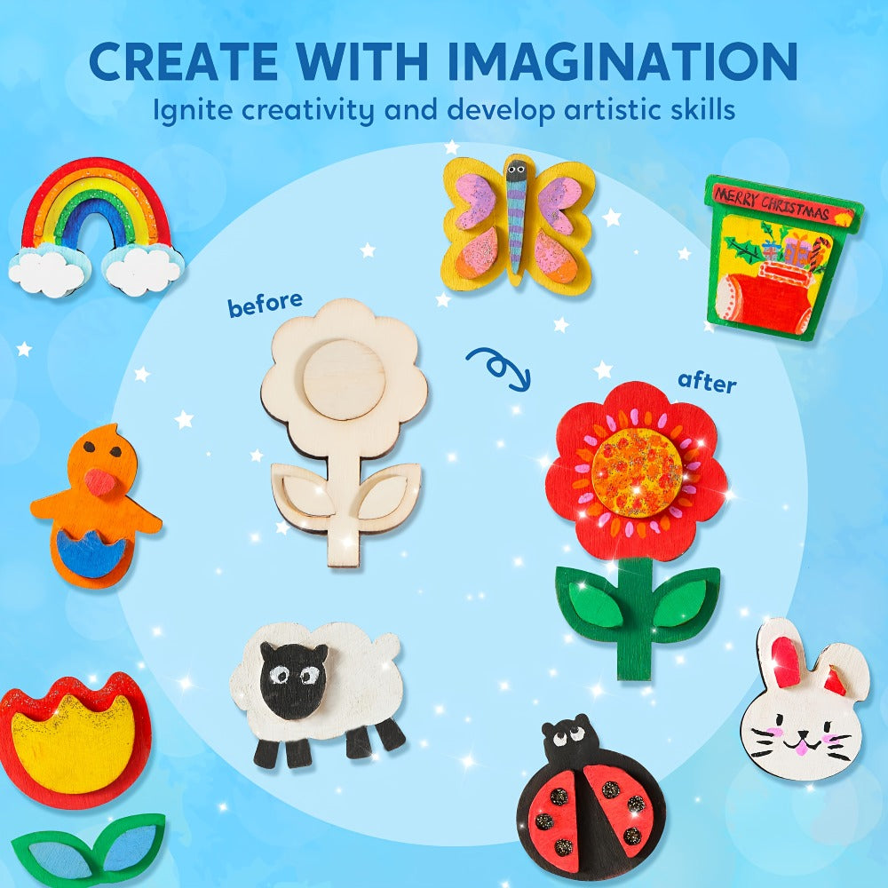 Wooden Magnet Painting Craft Kit, 12-Piece Nature Shape Set with Six Paint Tubs, Brushes and Glitter Pen
