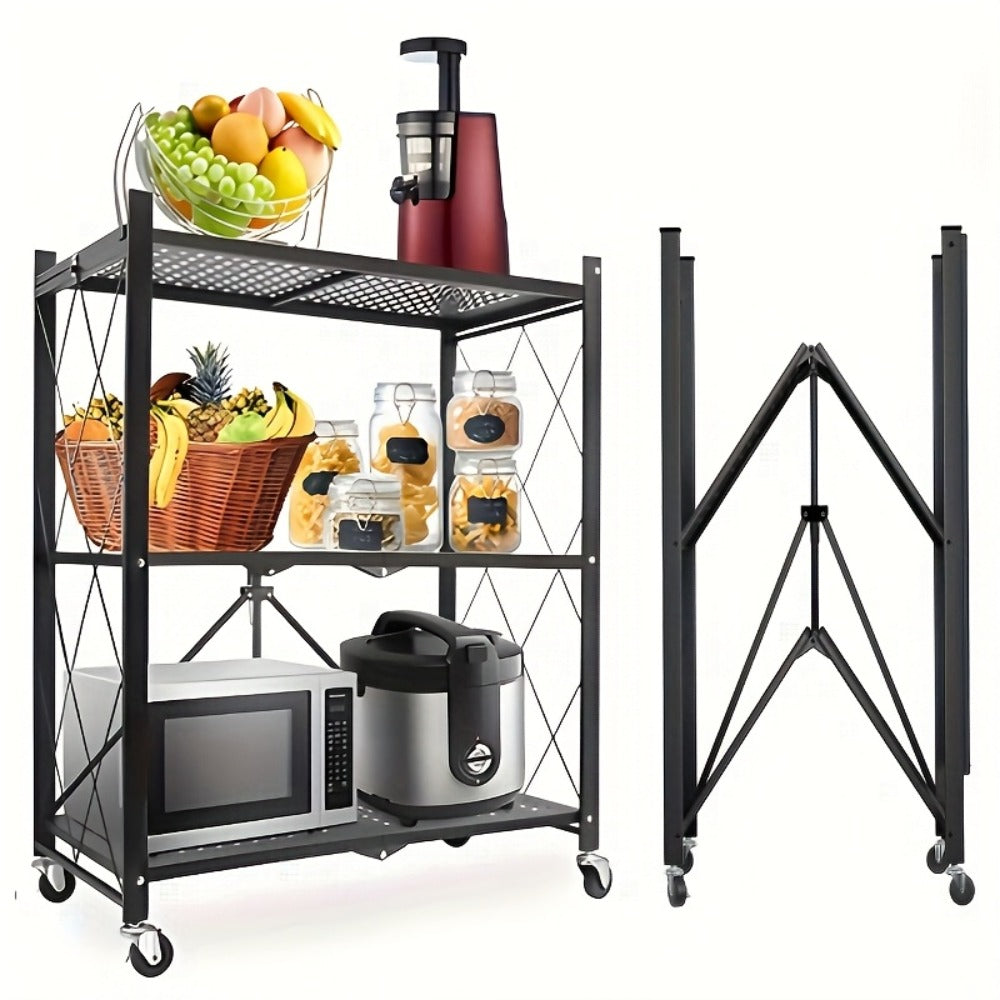 Three-Tier Foldable Storage Rack with Black Iron Shelves, Caster Wheels and 62cm-Wide Frame