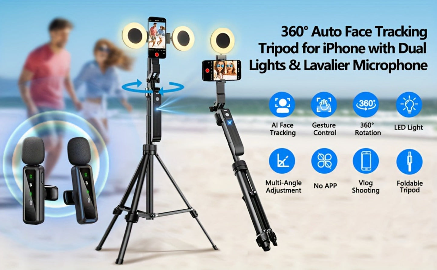 AI Face Tracking Vlogging Kit All-in-One with 70.9 Inch Tripod, LED Fill Light & Microphone – 360° Auto Tracking Content Creator Bundle for TikTok YouTube Instagram, iPhone & Android Compatible