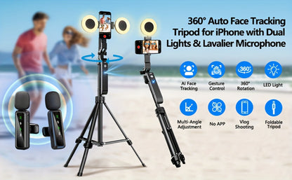 AI Face Tracking Vlogging Kit All-in-One with 70.9 Inch Tripod, LED Fill Light & Microphone – 360° Auto Tracking Content Creator Bundle for TikTok YouTube Instagram, iPhone & Android Compatible