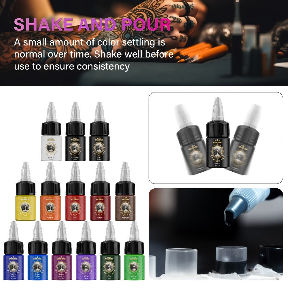 Tattoo Ink 14- or 21-Color Set with 0.5oz 15ml Bottles and Two Source Palette Choices for Color Selection