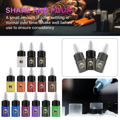 Tattoo Ink 14- or 21-Color Set with 0.5oz 15ml Bottles and Two Source Palette Choices for Color Selection