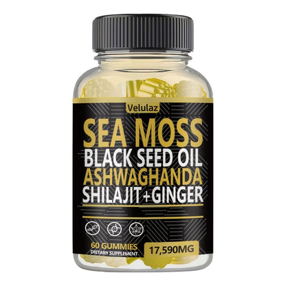 Sea Moss Herbal Gummies, 60 Count with Black Seed Oil, Ashwagandha, Shilajit and Ginger Blend