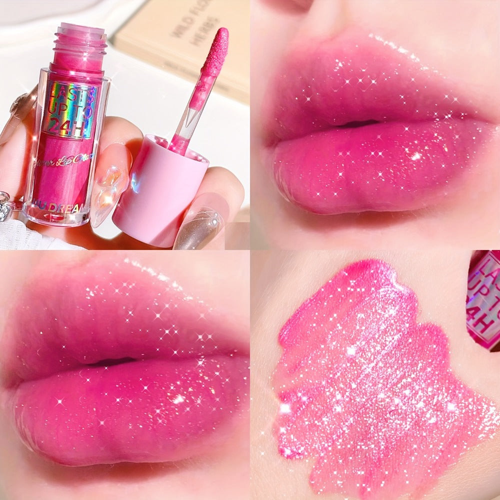 24H Waterproof Glitter Lip Gloss & Lip Stain Set 3PCS – Moisturizing Lip Oil Formula, Long-Lasting Smudge-Proof Glitter Shine in Berry Coral Pink Red Shades for Women All Skin Tones