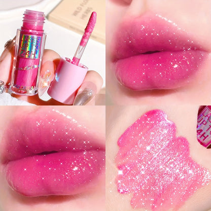 24H Waterproof Glitter Lip Gloss & Lip Stain Set 3PCS – Moisturizing Lip Oil Formula, Long-Lasting Smudge-Proof Glitter Shine in Berry Coral Pink Red Shades for Women All Skin Tones