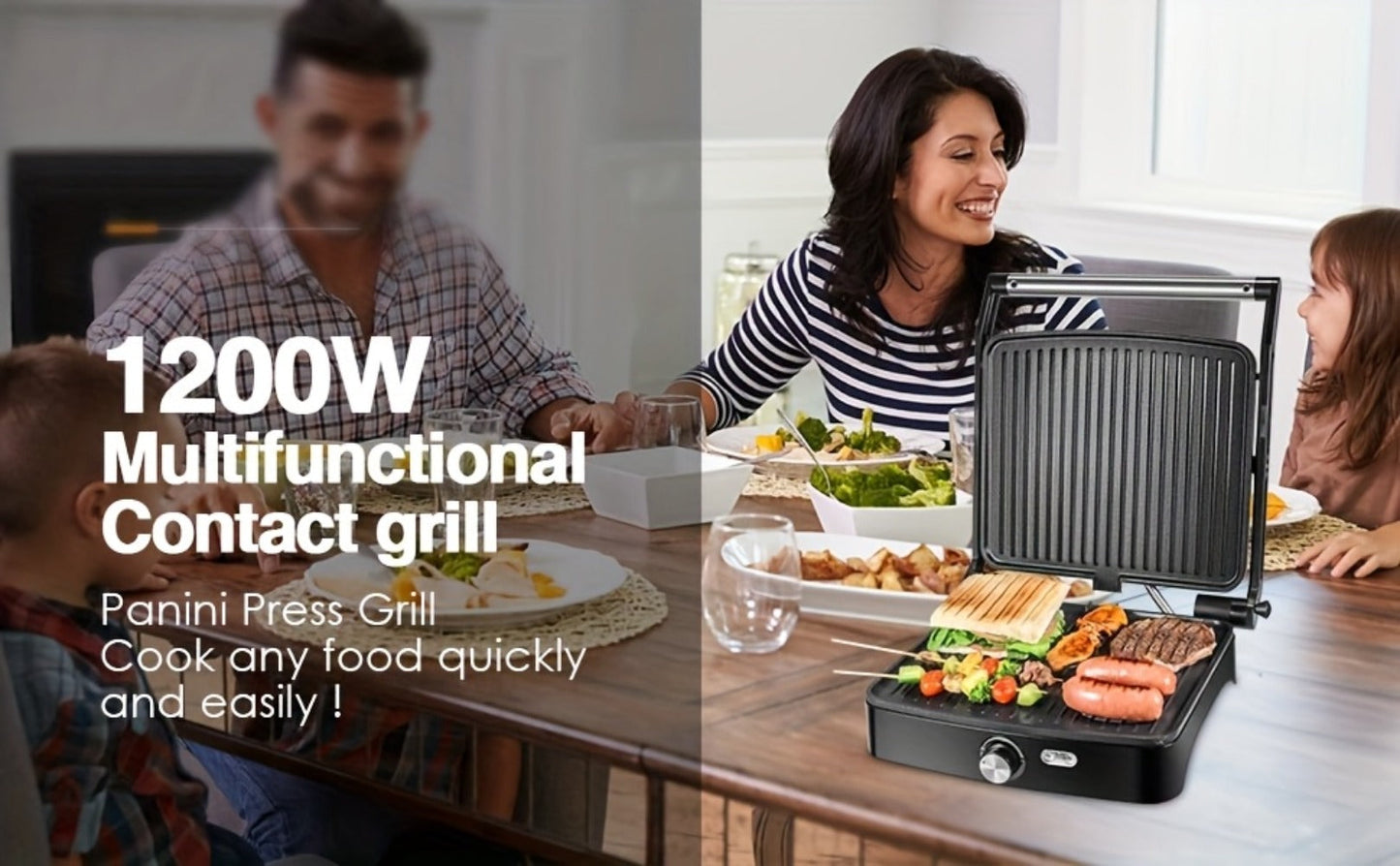 Panini Press Sandwich Maker 1200W – 4-Slice Non-Stick Grill with 180° Opening Adjustable Temperature 120–428°F & Removable Drip Tray | Electric Contact Grill for Sandwiches Steaks Burgers Indoor Use