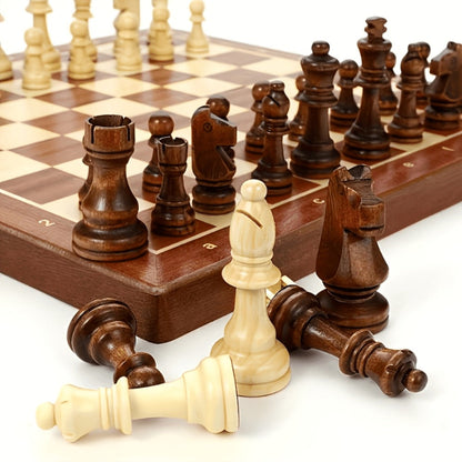 Folding Wooden-Style Chess and Checkers Set with 33 Chess Pieces and Internal Storage for Adult Tabletop Play