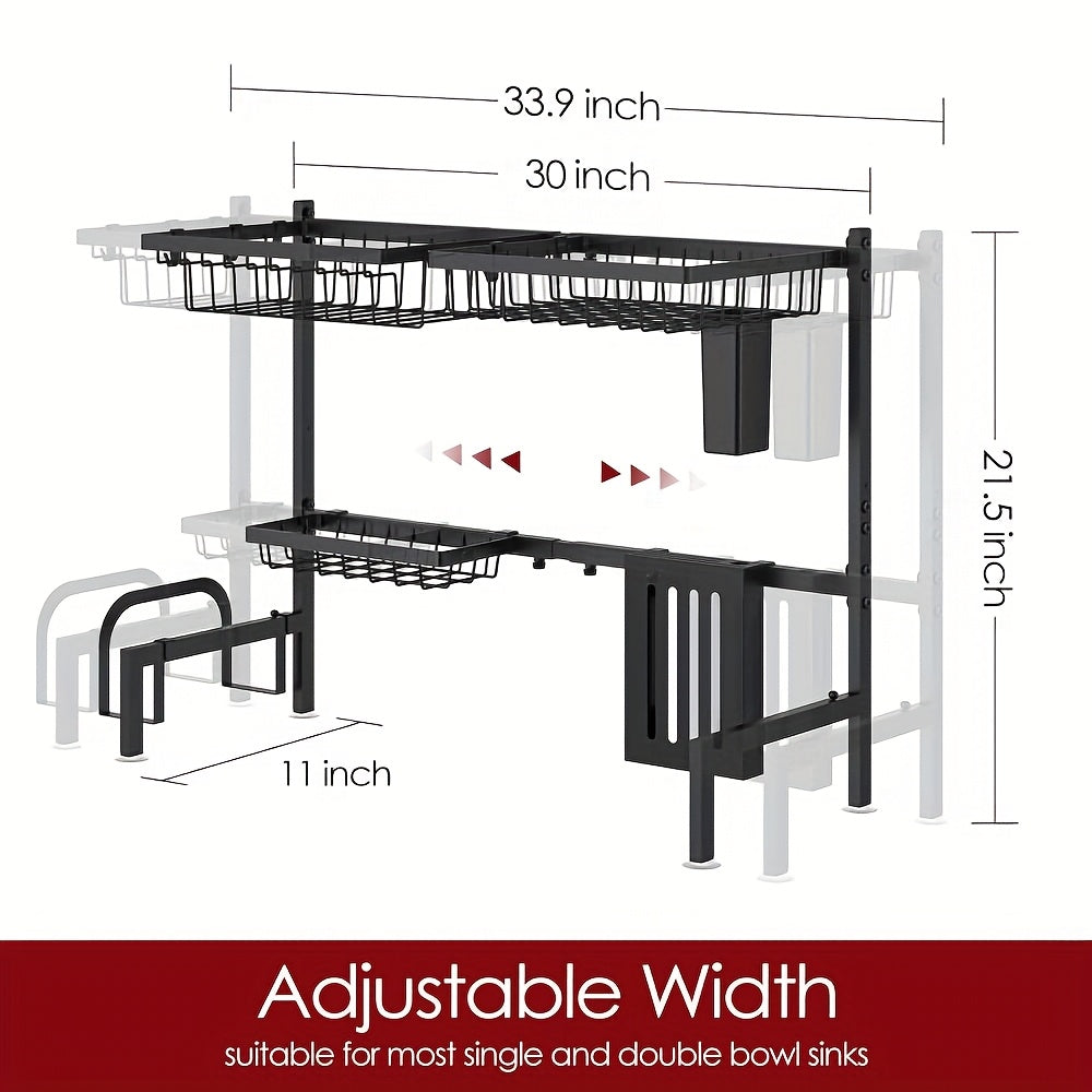 Over-Sink Dish Drying Rack Kitchen Organizer, 30-33.9-Inch Two-Tier Frame with Seven Removable Accessories