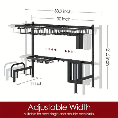 Over-Sink Dish Drying Rack Kitchen Organizer, 30-33.9-Inch Two-Tier Frame with Seven Removable Accessories