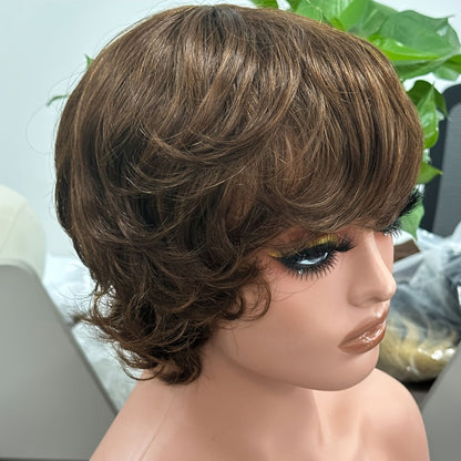 Pixie Cut Human Hair Wig with Bangs in 1B or Number 4 Color and 6 or 8 Inch Length Options
