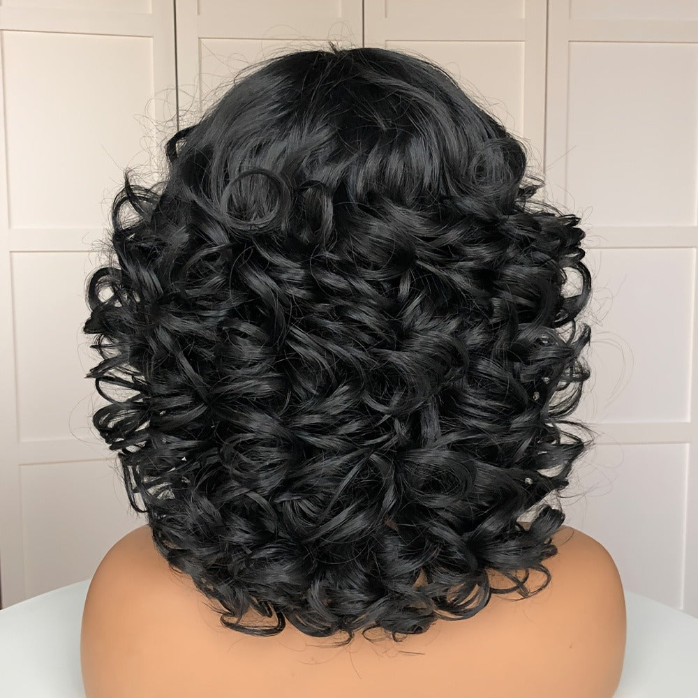 Synthetic Wig 14-Inch Jerry Curls with Wispy Bangs and 13x1 Lace Front in Three Colors for Daily Styling