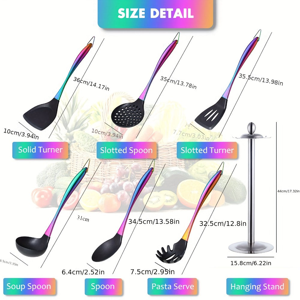 Silicone Cooking Utensils Set 17 Piece Rainbow Titanium with Rotating Holder - Heat Resistant Non-Stick Spatulas