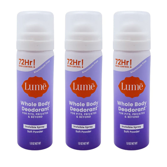 Whole Body Deodorant Spray 3-Pack 1oz Each — 72-Hour Odor Control, Aluminum & Baking Soda Free, Invisible Dry Spray, Soft Powder Scent, TSA Travel Size, Lume Feminine Deodorant for Women