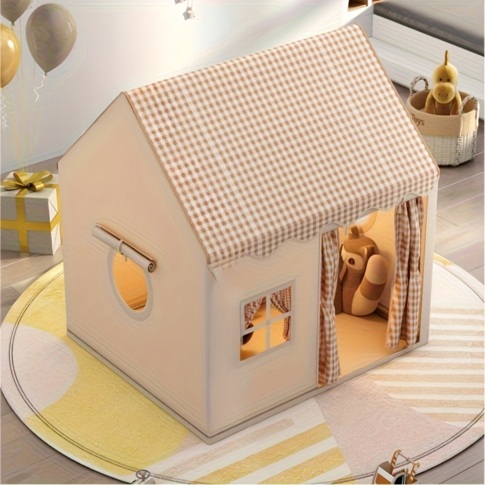 Checked Cabin Kids Play Tent in Pink, Khaki or Yellow with 130 x 120 x 100cm House Frame and Scalloped Roof