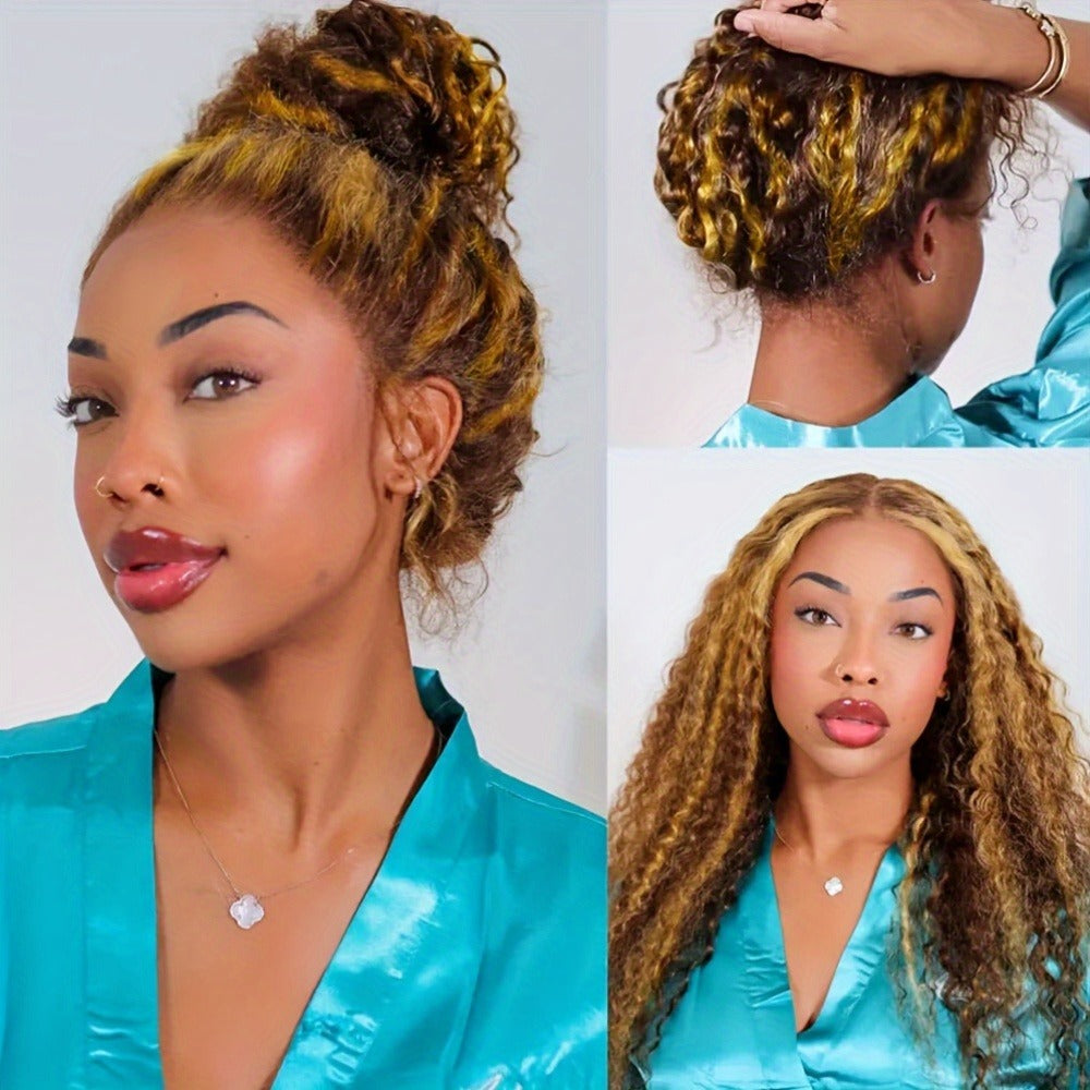 HD Lace Front Wig Honey Blonde Deep Wave 28 Inch – 200% Density P4/27 Ombre Highlight Long Curly Wavy, Pre Plucked Glueless Ready to Wear Synthetic Wig for Women, Party & Daily Use