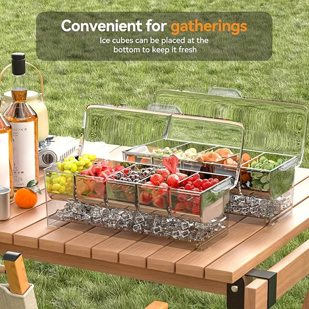 Five-Compartment Serving Bowl Set with Lid, Five Forks and Two Tongs for Party Table Display