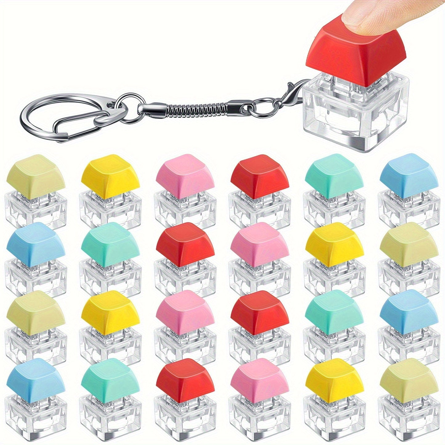 Twenty-Piece Keyboard Keycap Fidget Keychain Set with Mixed Pastel Colors and Clickable Switches
