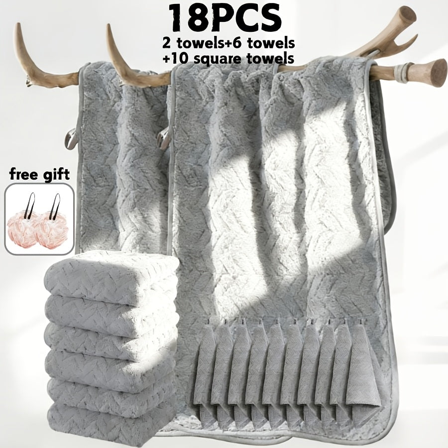 Bath Towels Set 18 or 20 Piece Coral Fleece Mix with Washcloths and Bath Ball in Multiple Colors
