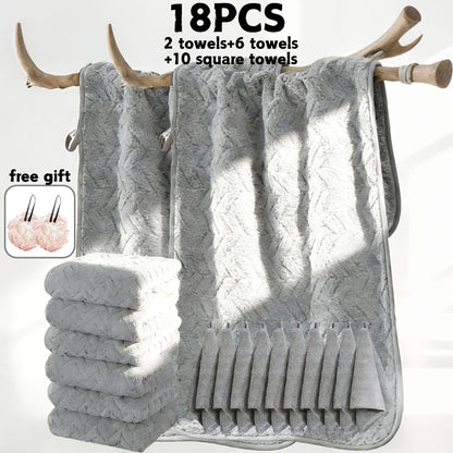 Bath Towels Set 18 or 20 Piece Coral Fleece Mix with Washcloths and Bath Ball in Multiple Colors