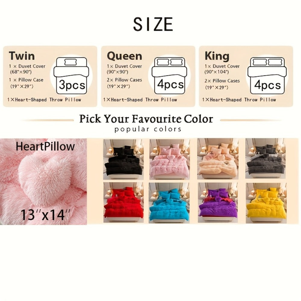 Plush Faux Fur Duvet Cover Set with Heart Pillow, Corner Ties and Twin, Queen or King Sizes in Eight Colors