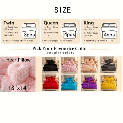 Plush Faux Fur Duvet Cover Set with Heart Pillow, Corner Ties and Twin, Queen or King Sizes in Eight Colors