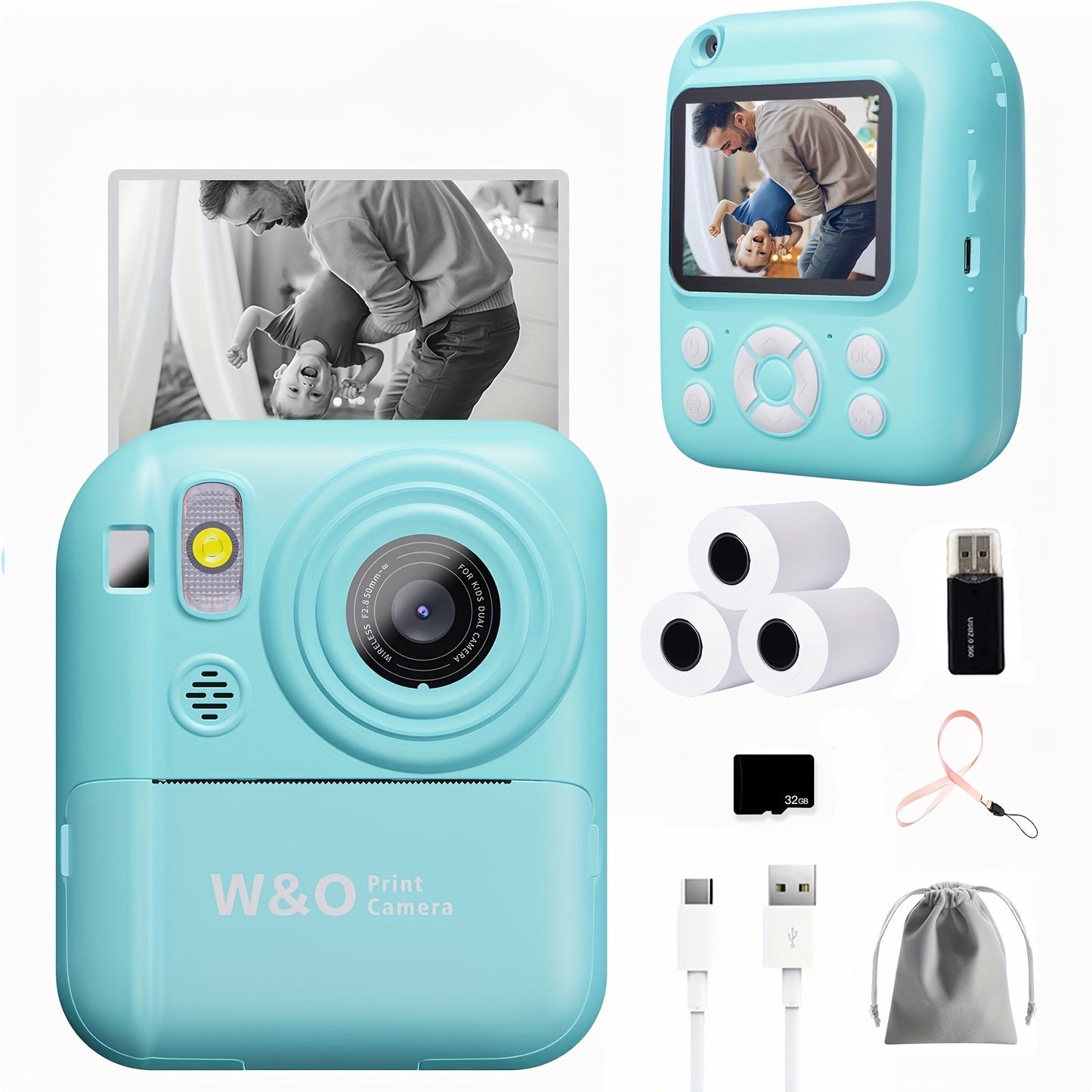 Instant Print Camera for Kids 48MP with Print Paper 32G TF Card 1080P FHD Video Flash MP4 Puzzle Game Cartoon Mini Digital Camera Printer Ages 6+ Birthday Christmas Gift